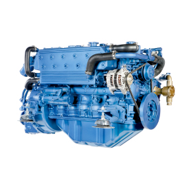 The 6 cylinder marine diesel engine SM-103 on a Mitsubishi block, performs 103 hp at 2.500 rpm with a 4.996 cc displacement.